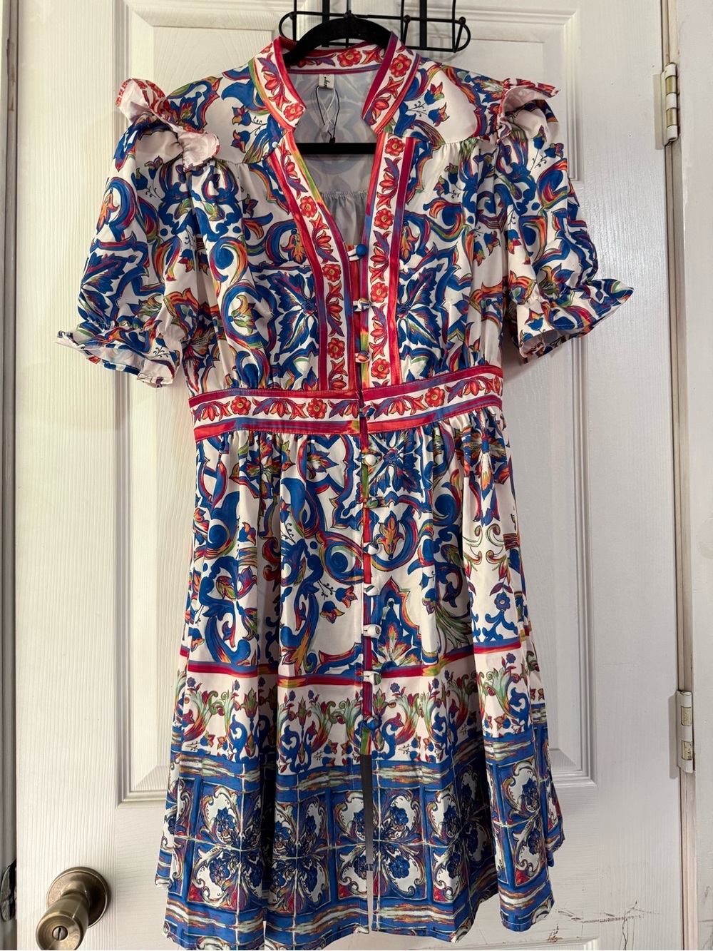 Boho Majolica Designer Inspired Dress Small Medium Puff Sleeve Resort wear